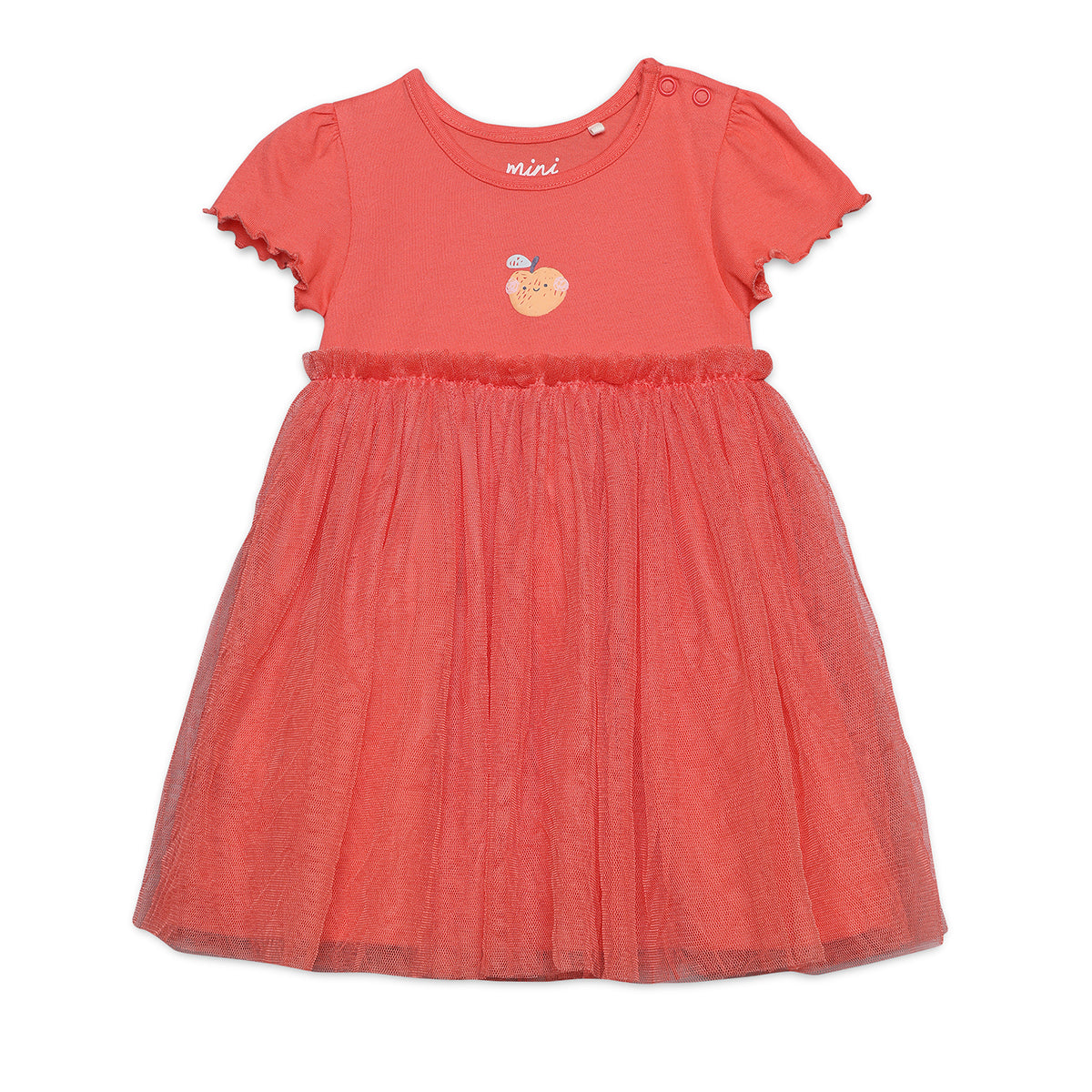 Baby Girls Peach Print Tulle Overlay Dress, Coral