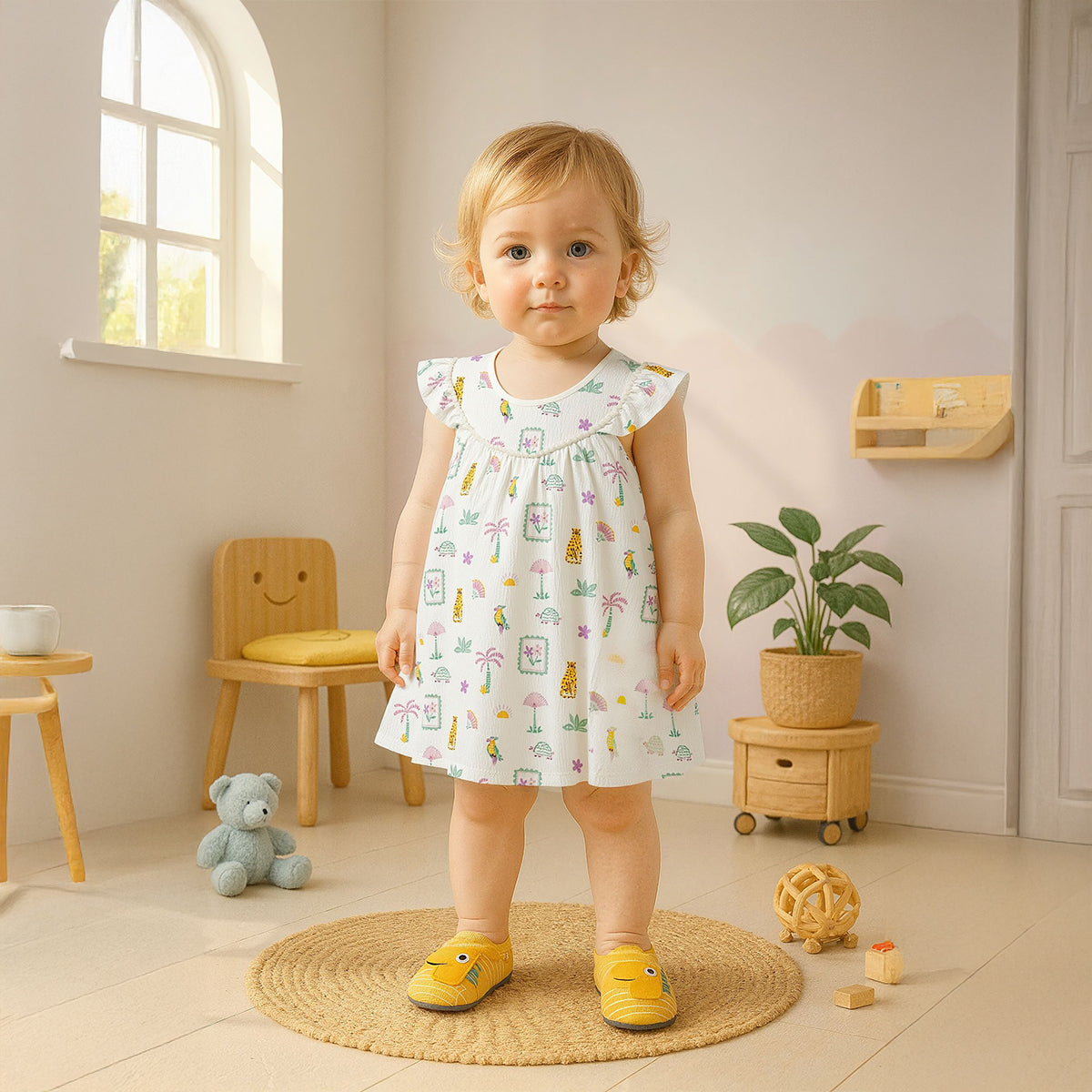 Baby Girls All-Over Jungle Print Dress, White