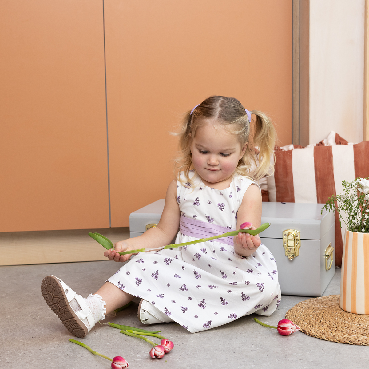 Baby Girls Floral Printed Dress with Matching Headband, White
