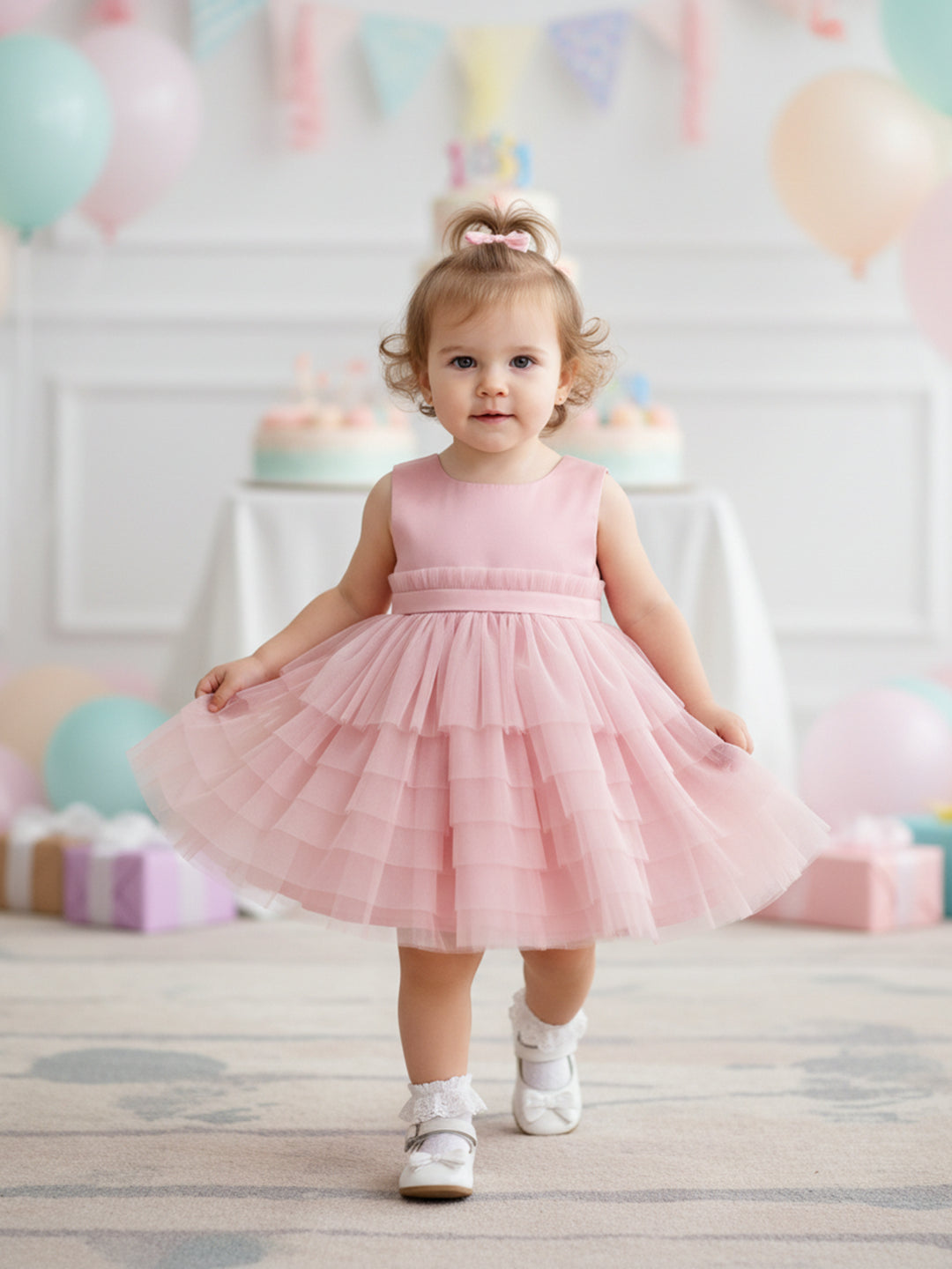 Baby Girls Solid Layered Tulle Party Dress, Pink