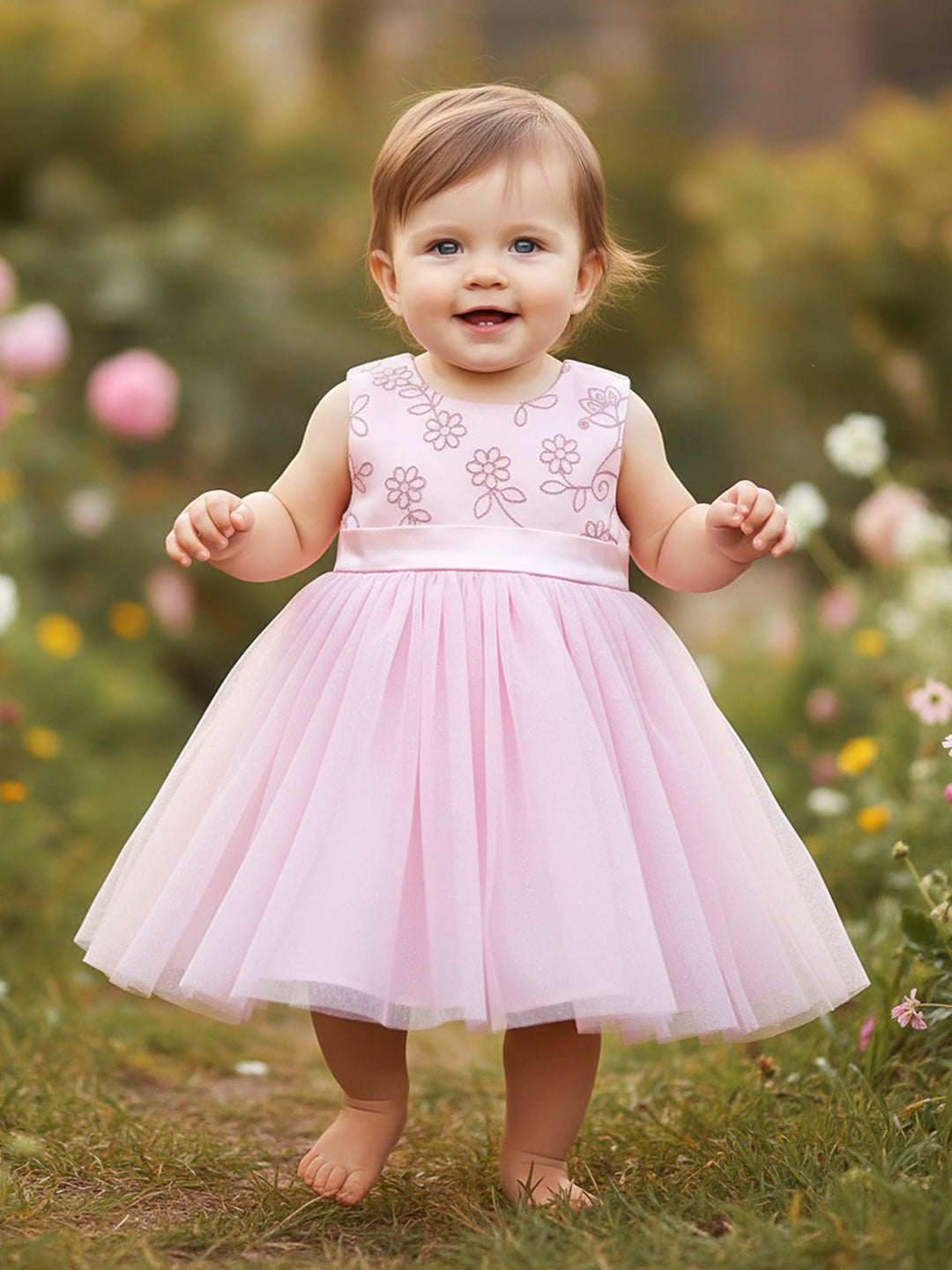 Baby Girls Floral Embroidered Party Dress, Pink