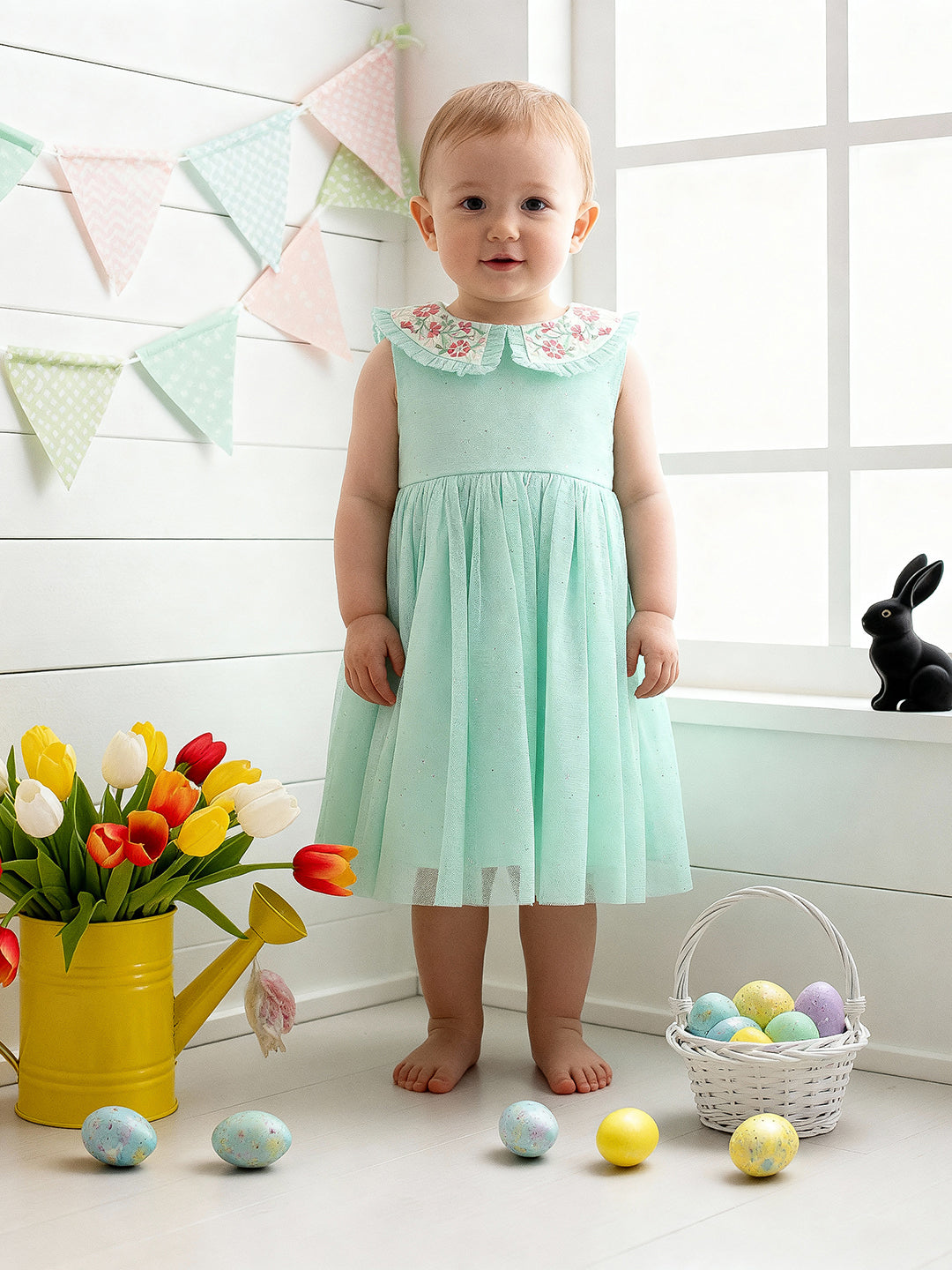 Baby Girls Embroidered Party Dress, Green