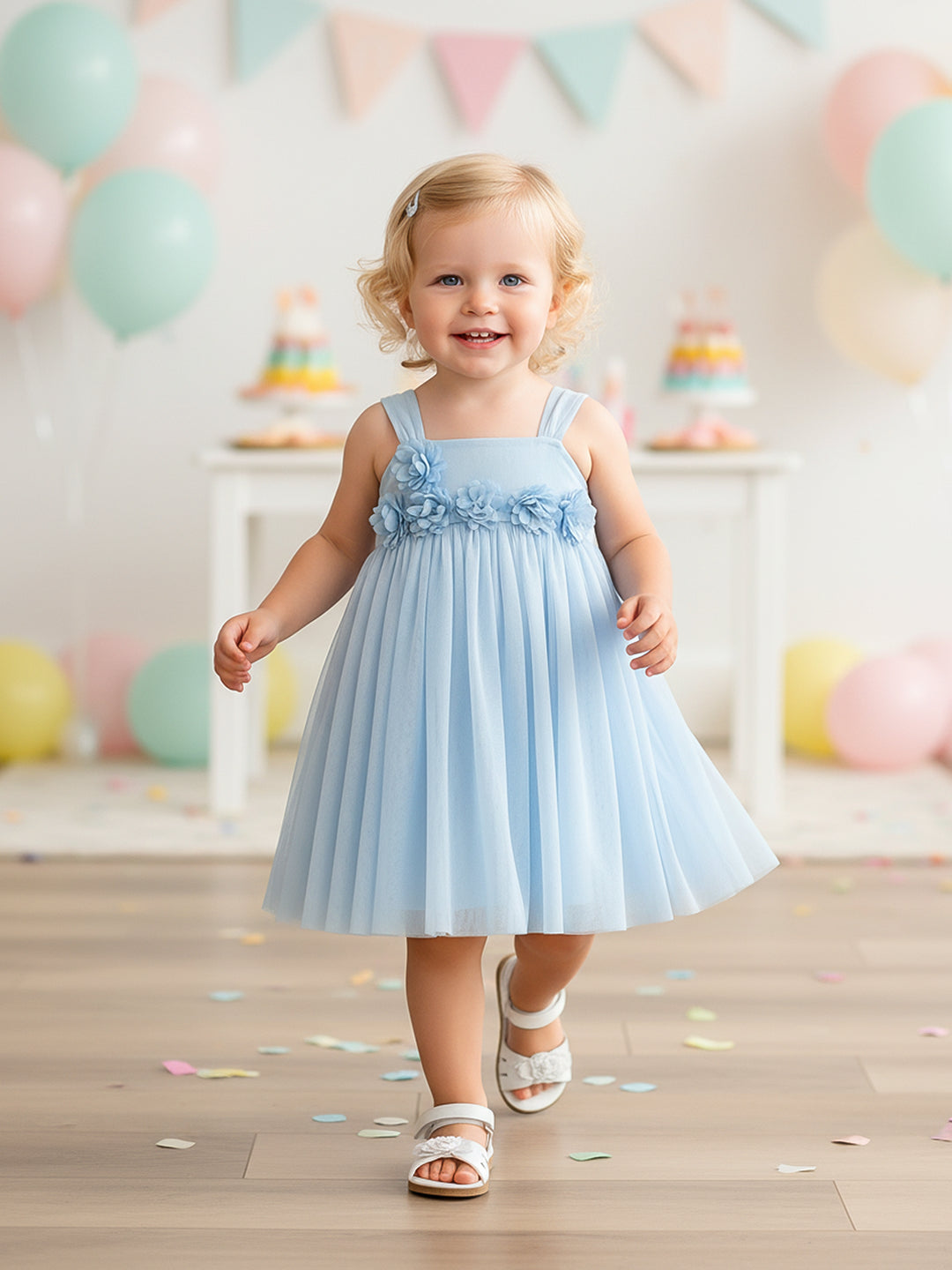 Baby Girls Floral Applique Party Dress, Blue