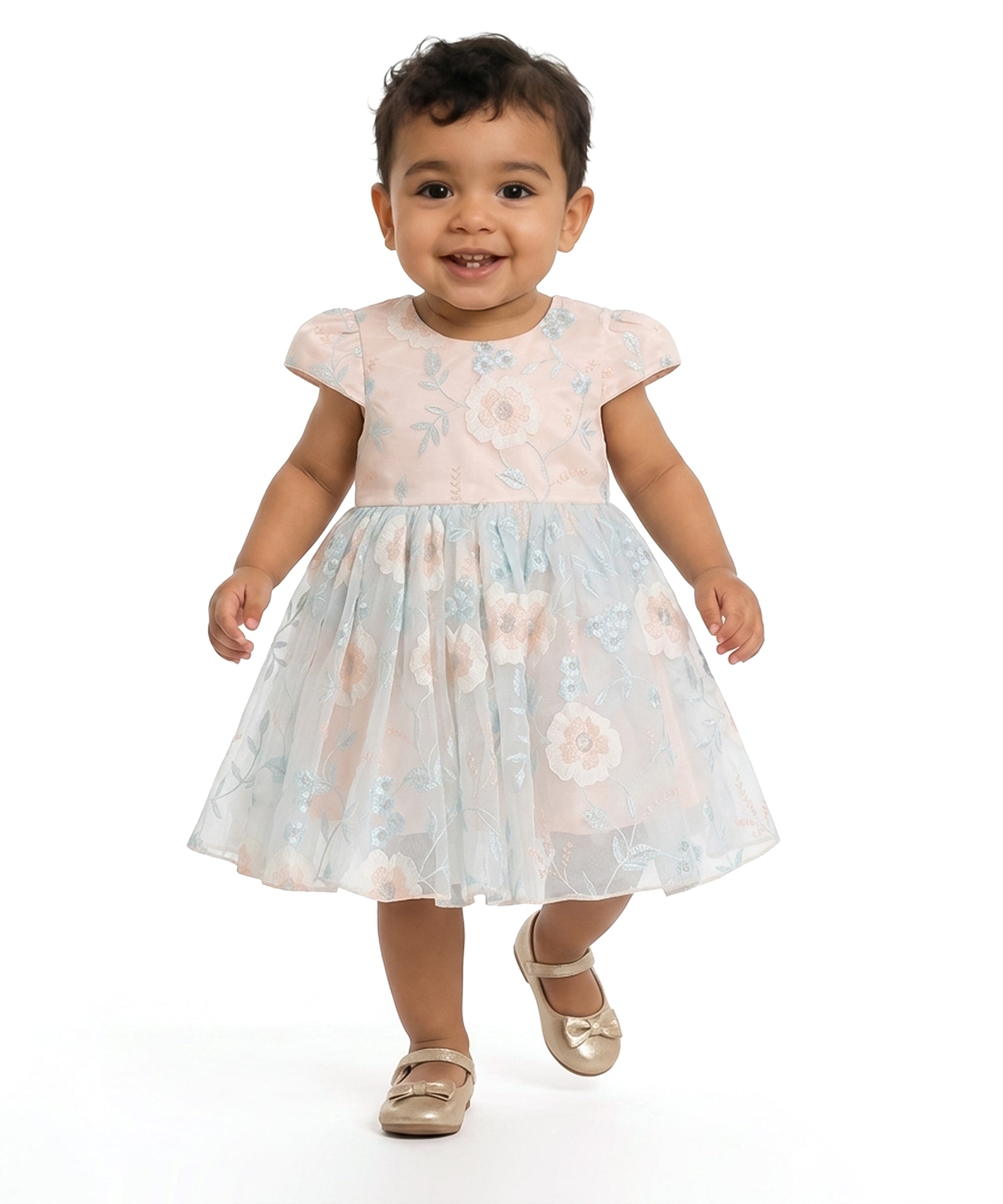 Baby Girls Floral Embroidered Party Dress, Peach and Light Blue