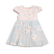 Baby Girls Floral Embroidered Party Dress, Peach and Light Blue