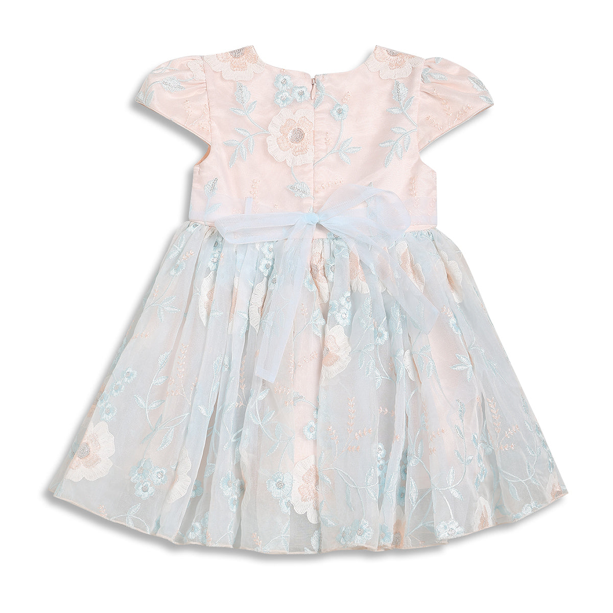 Baby Girls Floral Embroidered Party Dress, Peach and Light Blue
