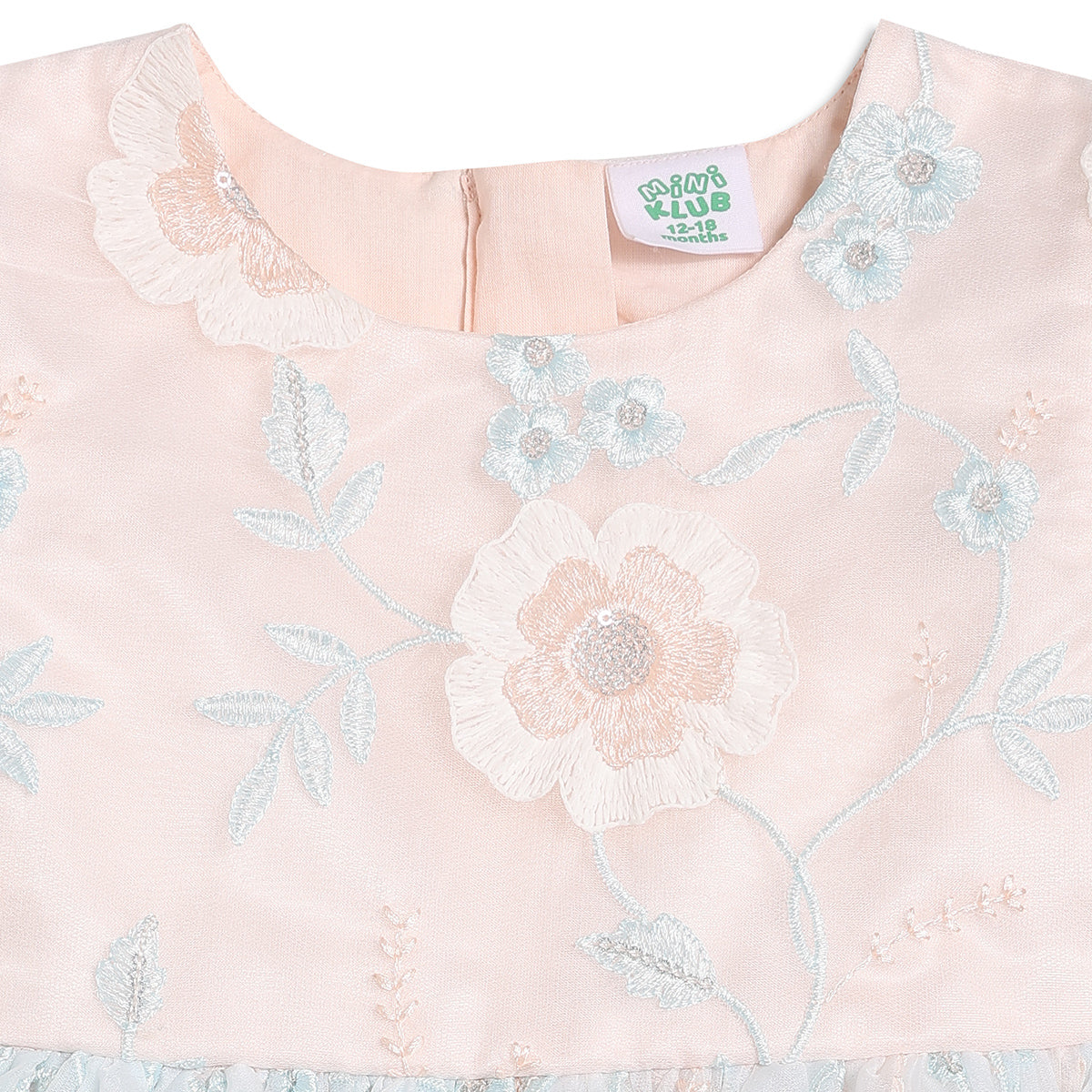Baby Girls Floral Embroidered Party Dress, Peach and Light Blue
