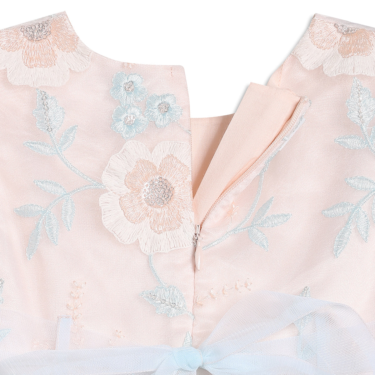 Baby Girls Floral Embroidered Party Dress, Peach and Light Blue