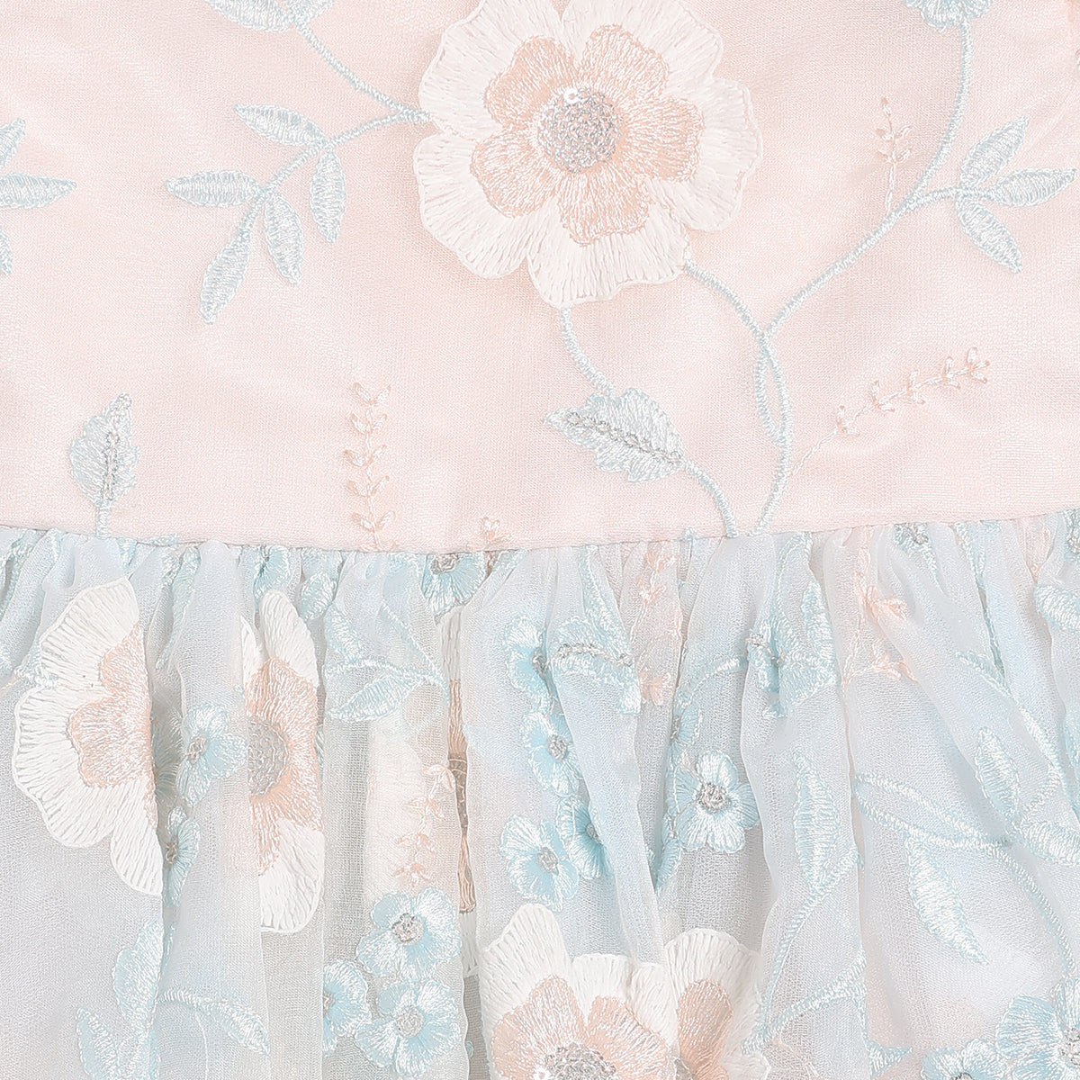 Baby Girls Floral Embroidered Party Dress, Peach and Light Blue