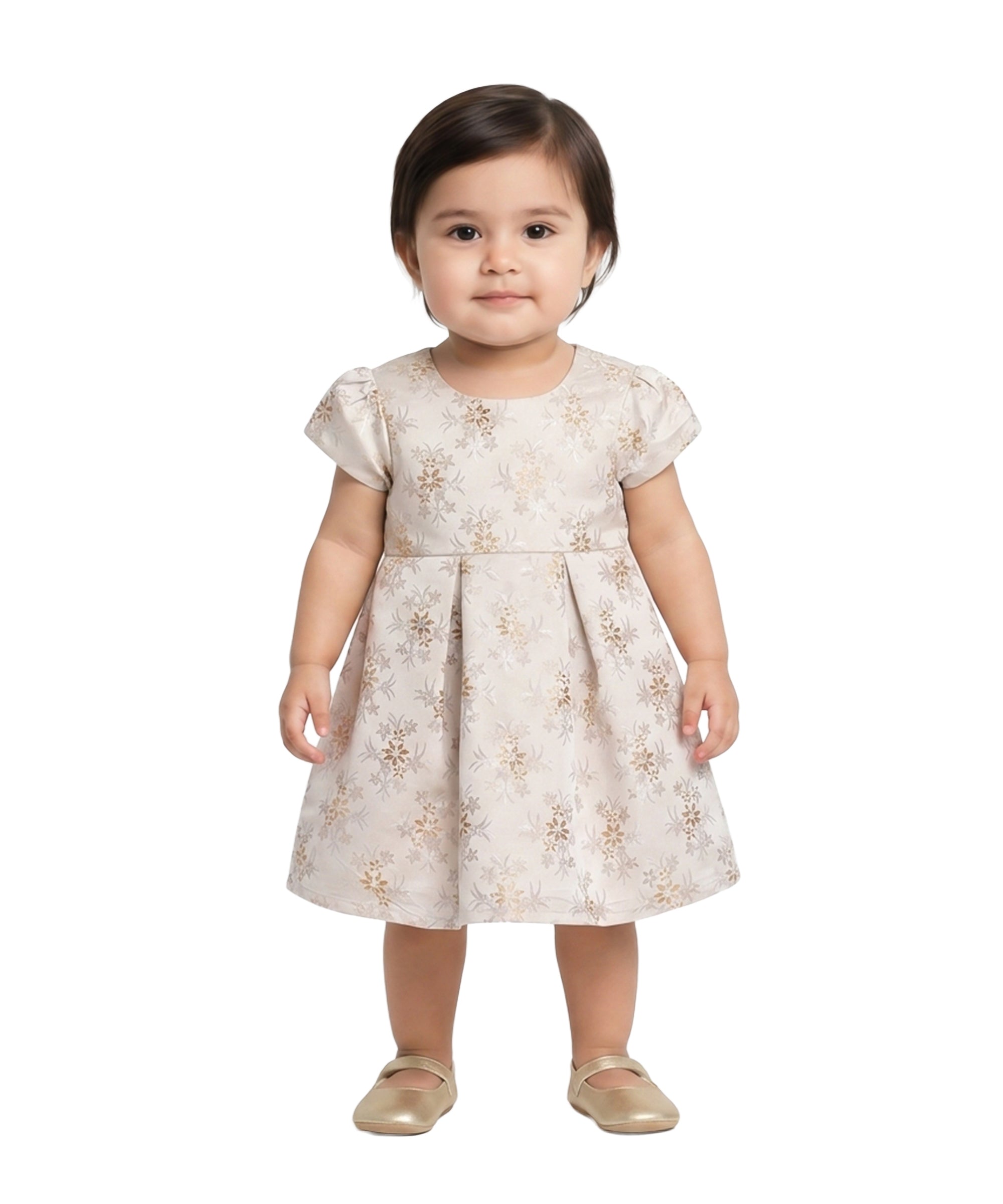 Girls Jacquard Floral Dress, Beige And Gold