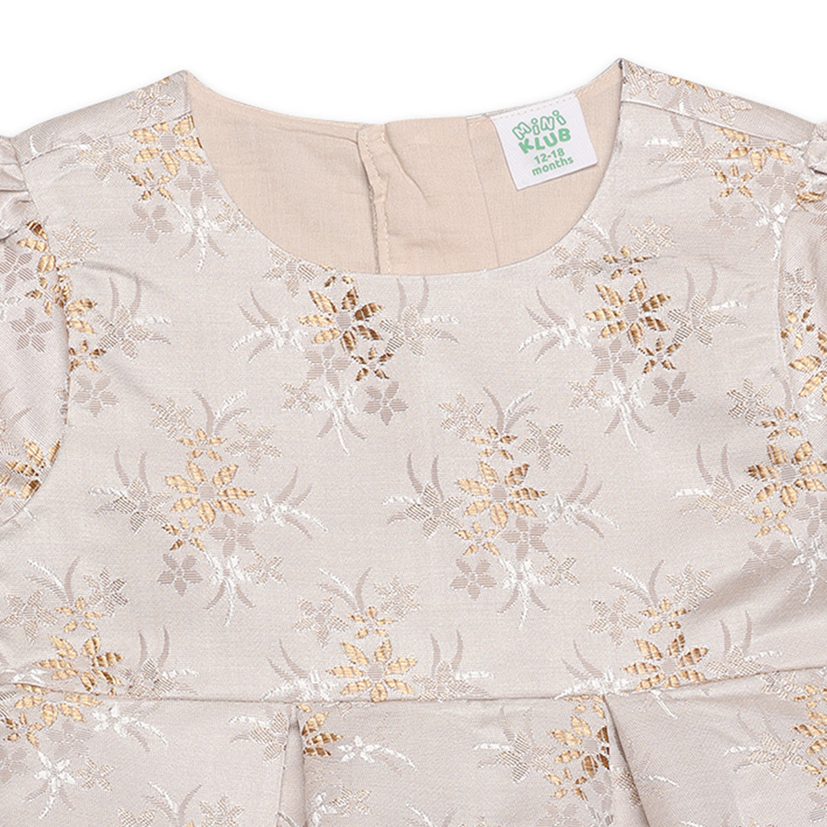 Girls Jacquard Floral Dress, Beige And Gold