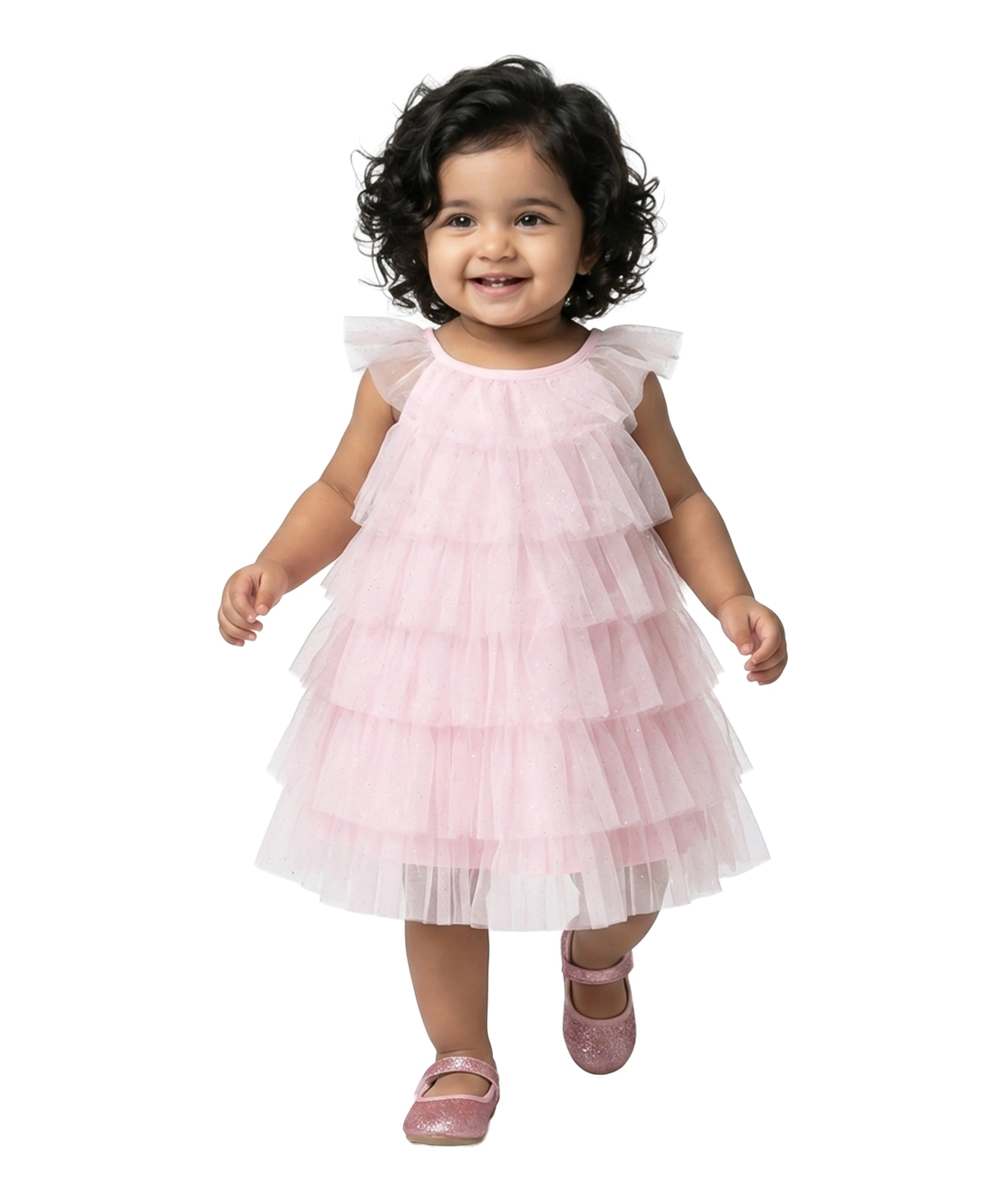 Baby Girls Shimmer Mesh Layered Dress, Light Pink
