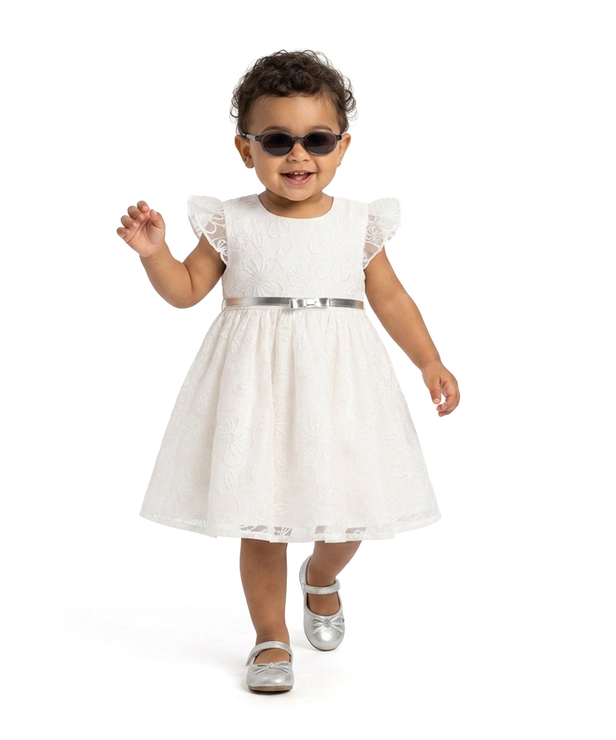 Baby Girls Floral Embroidered Party Dress with Belt, Off White