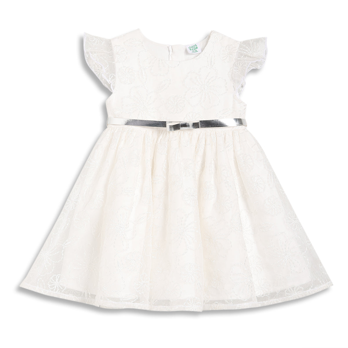 Baby Girls Floral Embroidered Party Dress with Belt, Off White