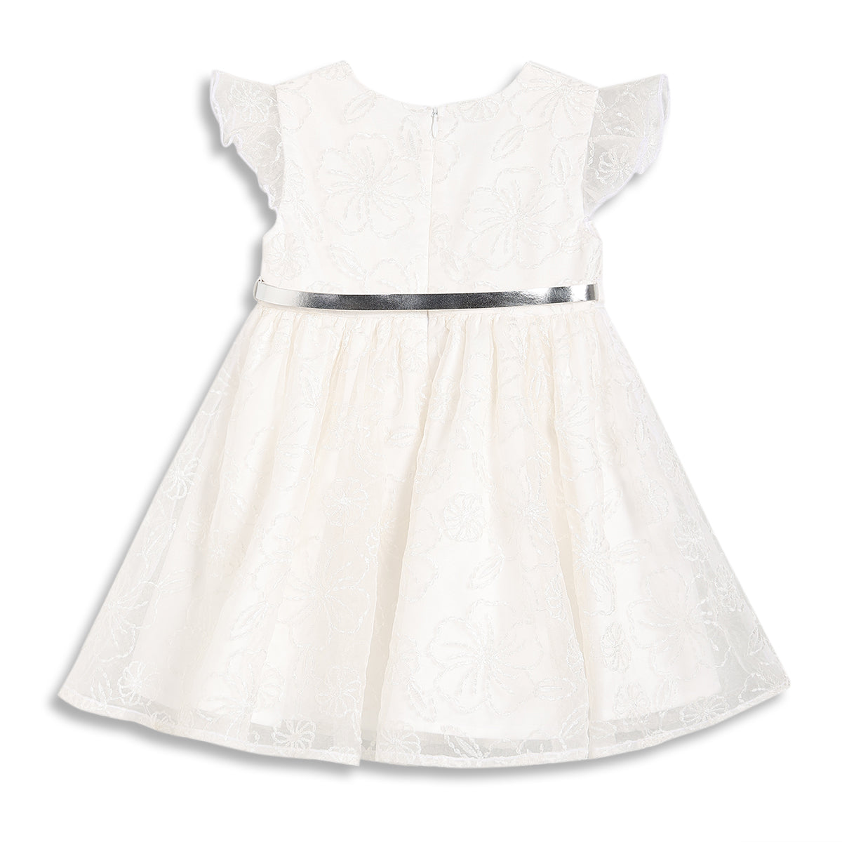 Baby Girls Floral Embroidered Party Dress with Belt, Off White