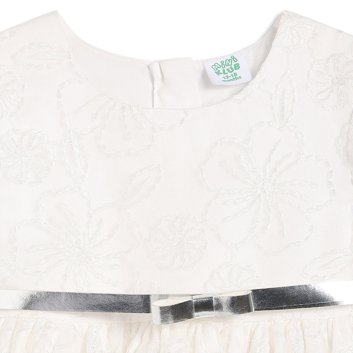 Baby Girls Floral Embroidered Party Dress with Belt, Off White