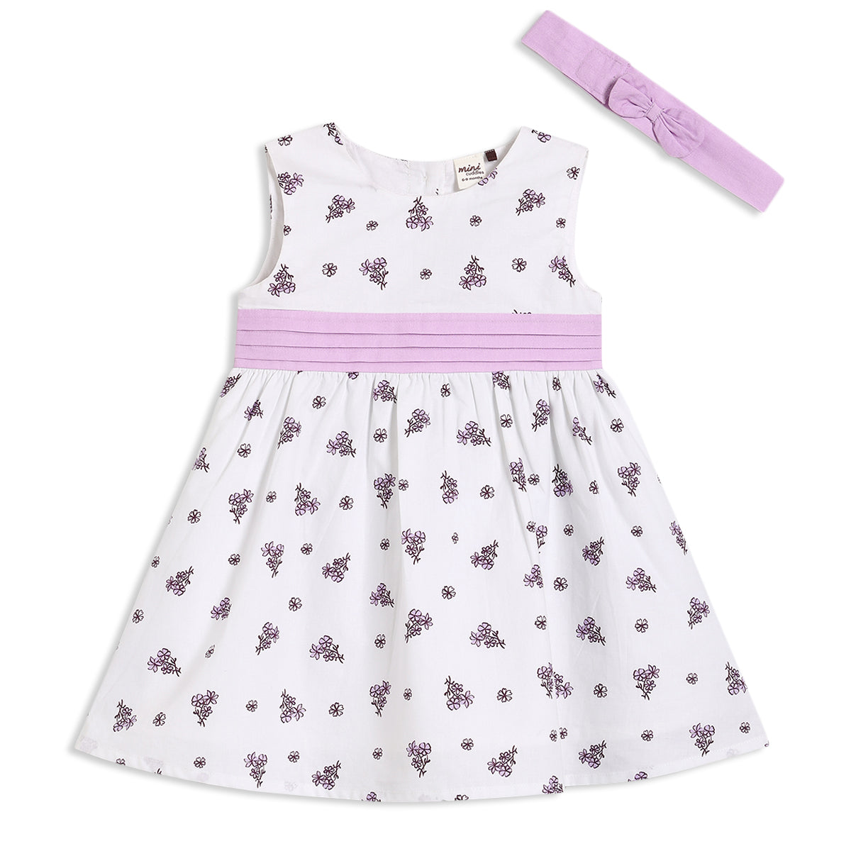 Baby Girls Floral Printed Dress with Matching Headband, White