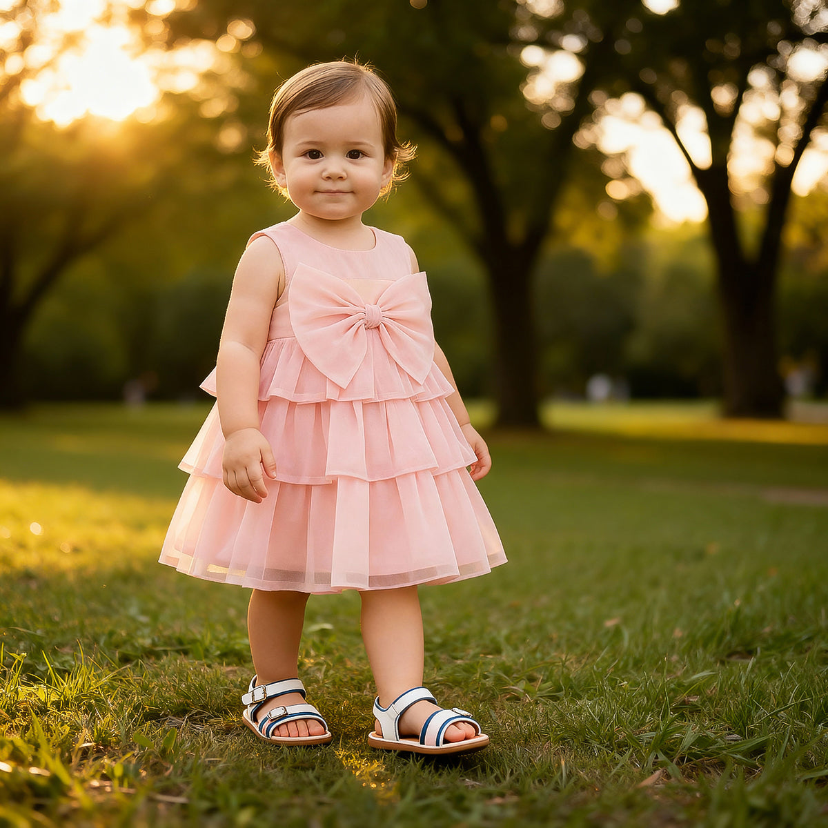 Baby Girls Layered Party Dress With Bow Detail, Peach