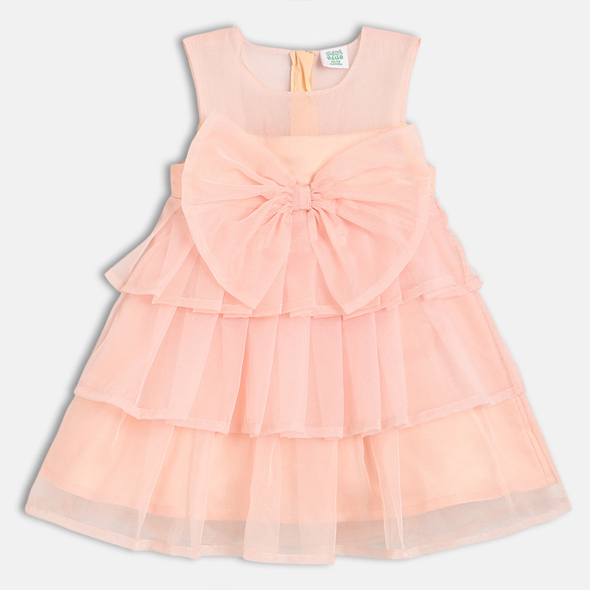 Baby Girls Layered Party Dress With Bow Detail, Peach