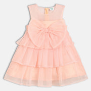 Baby Girls Layered Party Dress With Bow Detail, Peach