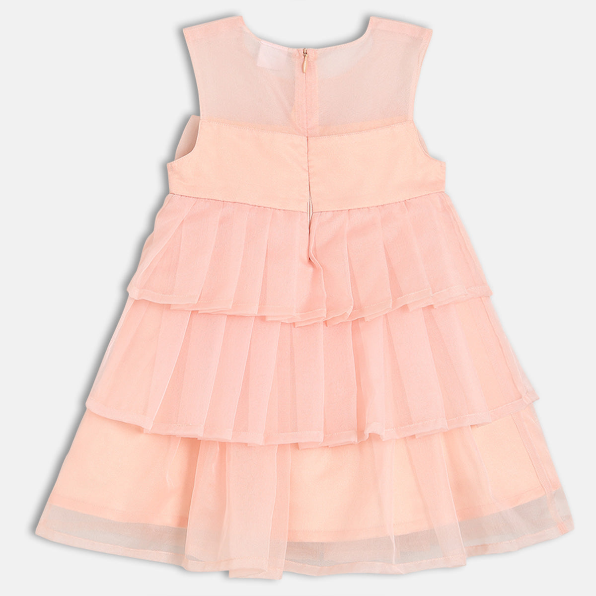 Baby Girls Layered Party Dress With Bow Detail, Peach