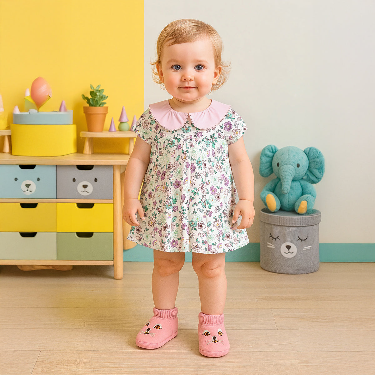 Baby Girls All-Over Floral Print Dress with Contrast Collar, Multicolour