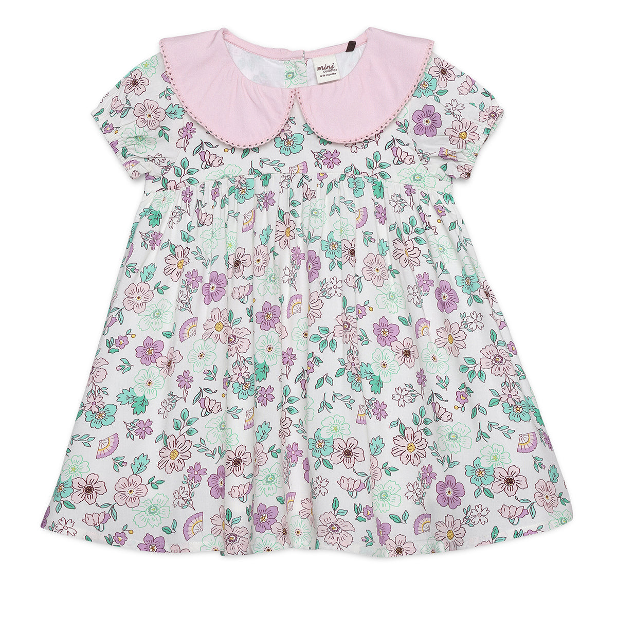 Baby Girls All-Over Floral Print Dress with Contrast Collar, Multicolour