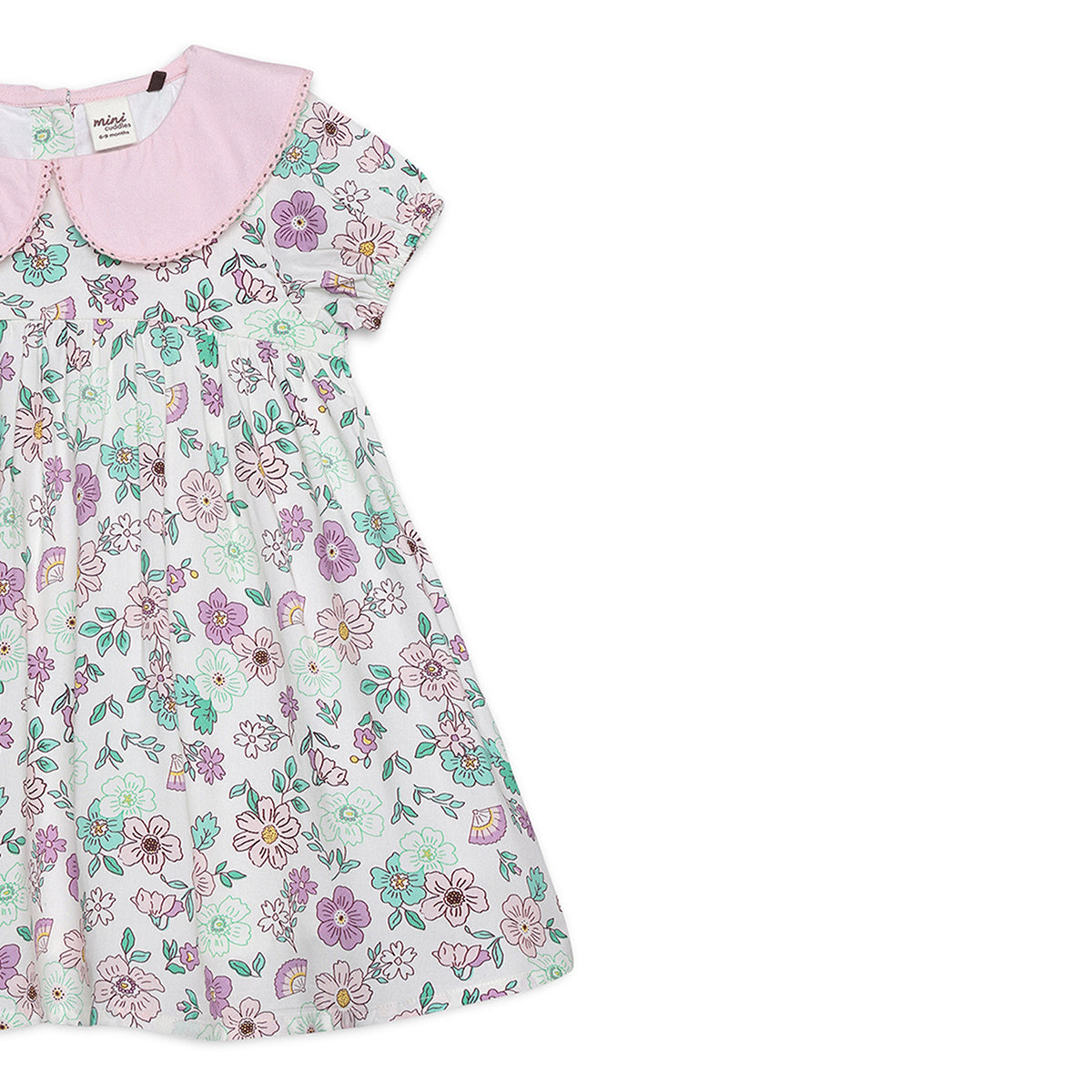 Baby Girls All-Over Floral Print Dress with Contrast Collar, White