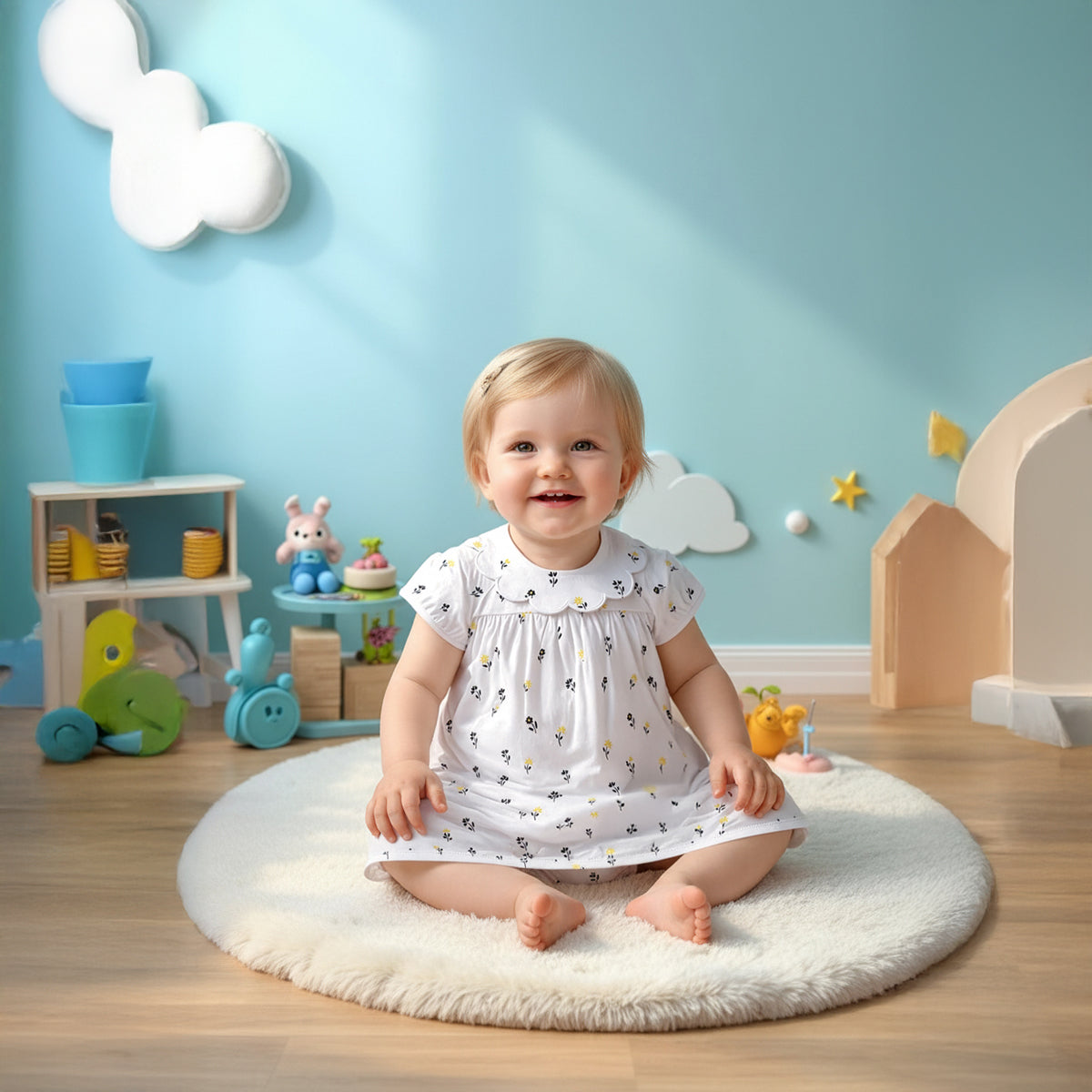 Baby Girls Floral Printed Dress with Diaper Cover, White