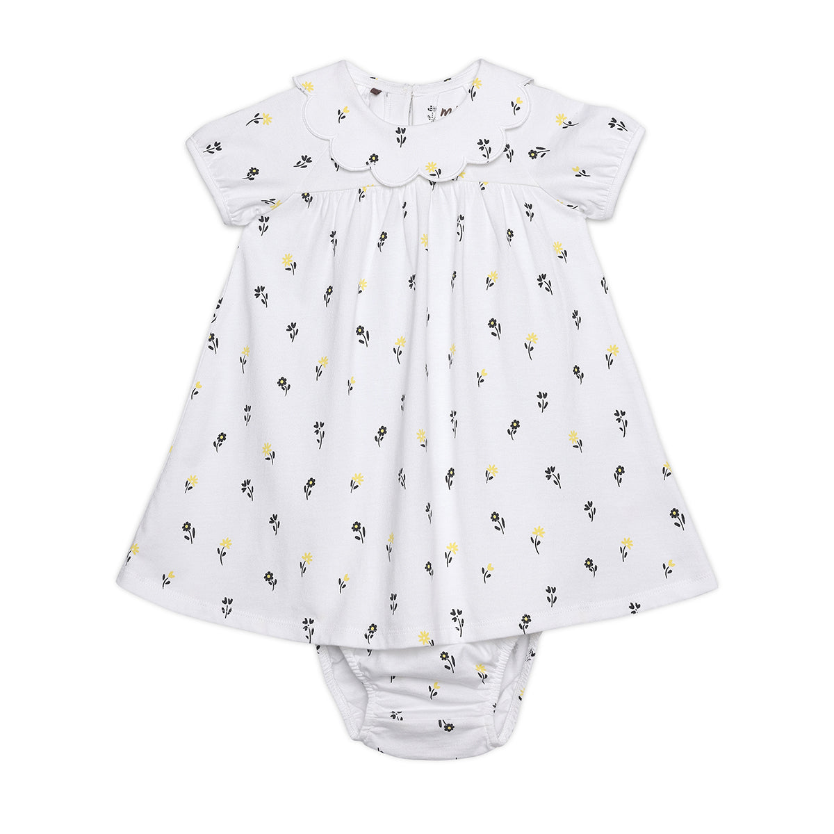 Baby Girls Floral Printed Dress with Diaper Cover, White