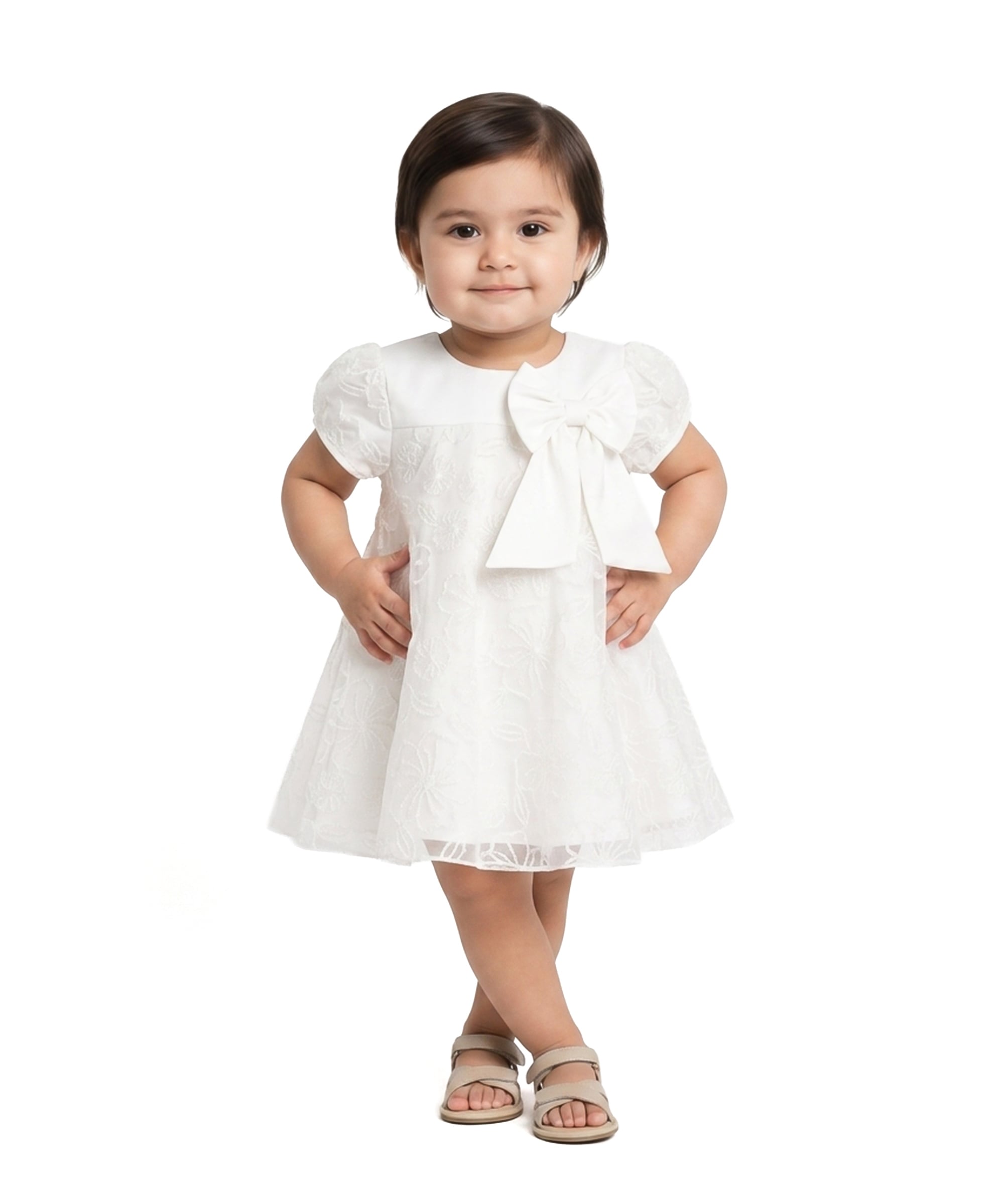 Baby Girls Floral Embroidered Dress with Bow, White