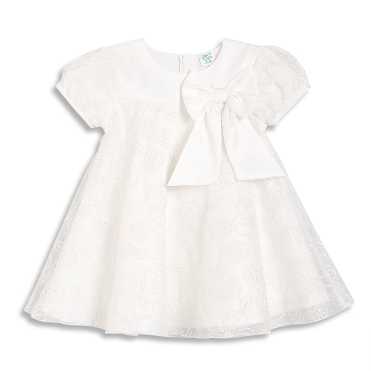 Baby Girls Floral Embroidered Dress with Bow, White