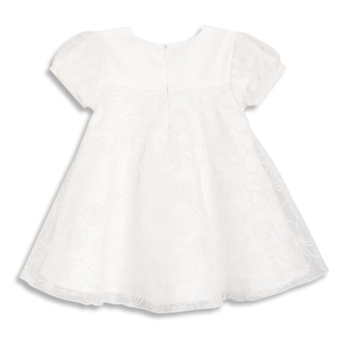 Baby Girls Floral Embroidered Dress with Bow, White