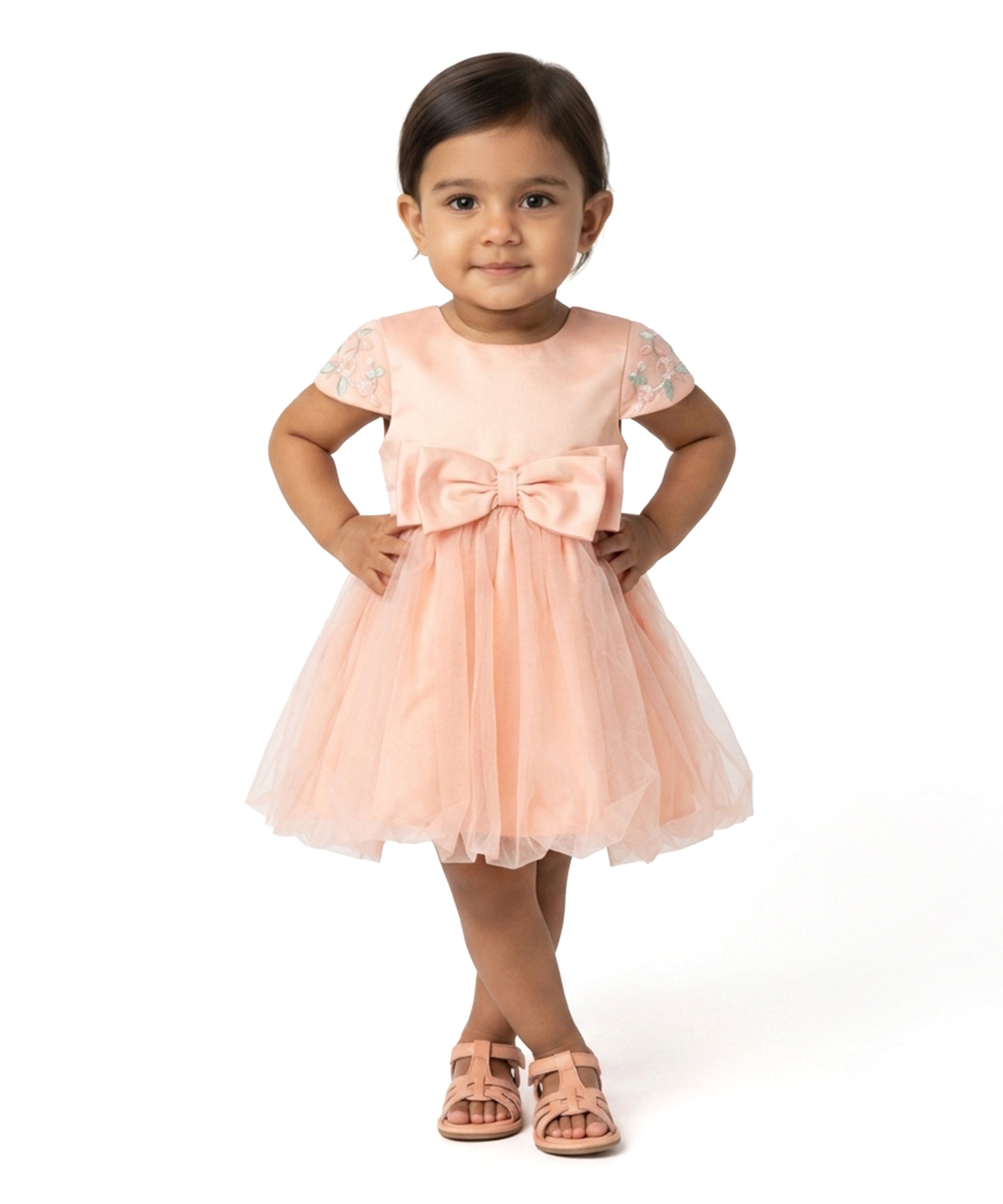 Baby Girls Embroidered Fit and Flare Dress with Bow, Peach