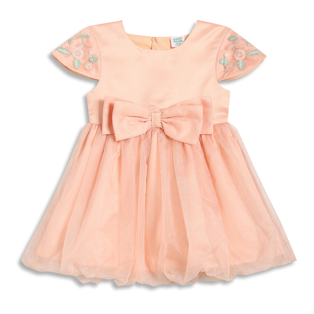 Baby Girls Embroidered Fit and Flare Dress with Bow, Peach