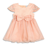 Baby Girls Embroidered Fit and Flare Dress with Bow, Peach