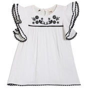 Baby Girls Embroidered Dress with Ruffled Sleeves, White and Black