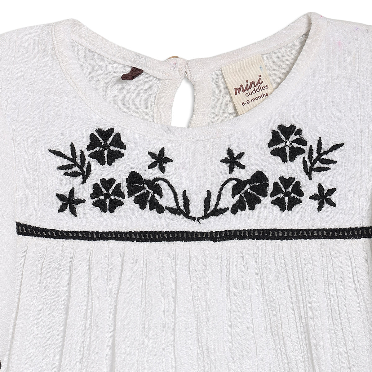 Baby Girls Embroidered Dress with Ruffled Sleeves, White and Black