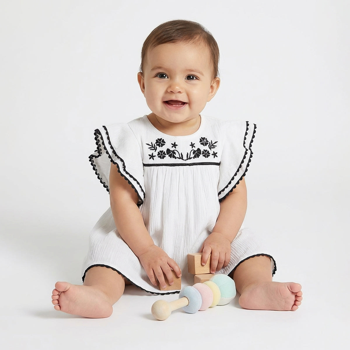 Baby Girls Embroidered Dress with Ruffled Sleeves, White and Black