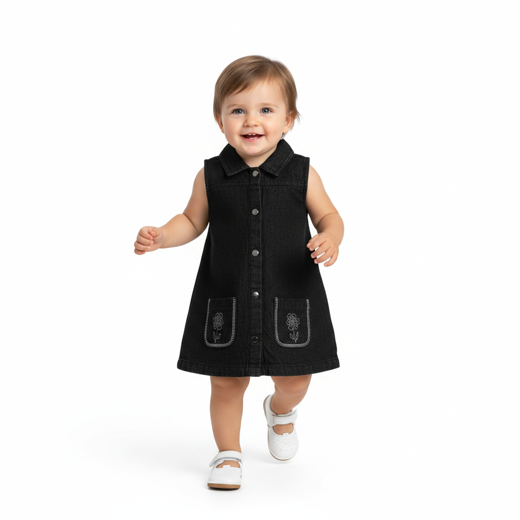 Baby Girls Solid Denim Dress, Black –