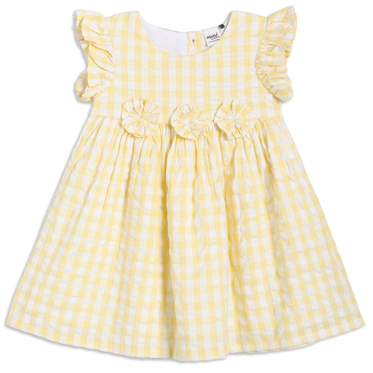 Baby Girls Gingham Check Dress with Fabric Flowers, Yellow