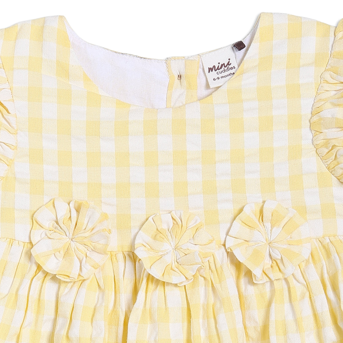 Baby Girls Gingham Check Dress with Fabric Flowers, Yellow