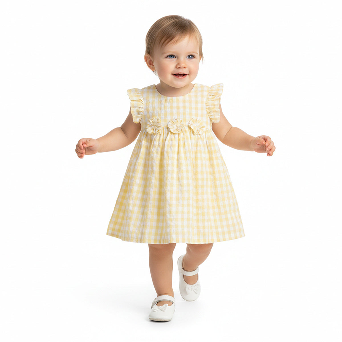 Baby Girls Gingham Check Dress with Fabric Flowers, Yellow