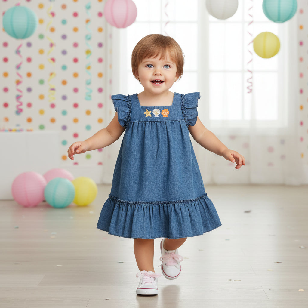 Baby Girls Embroidered Denim Dress, Blue