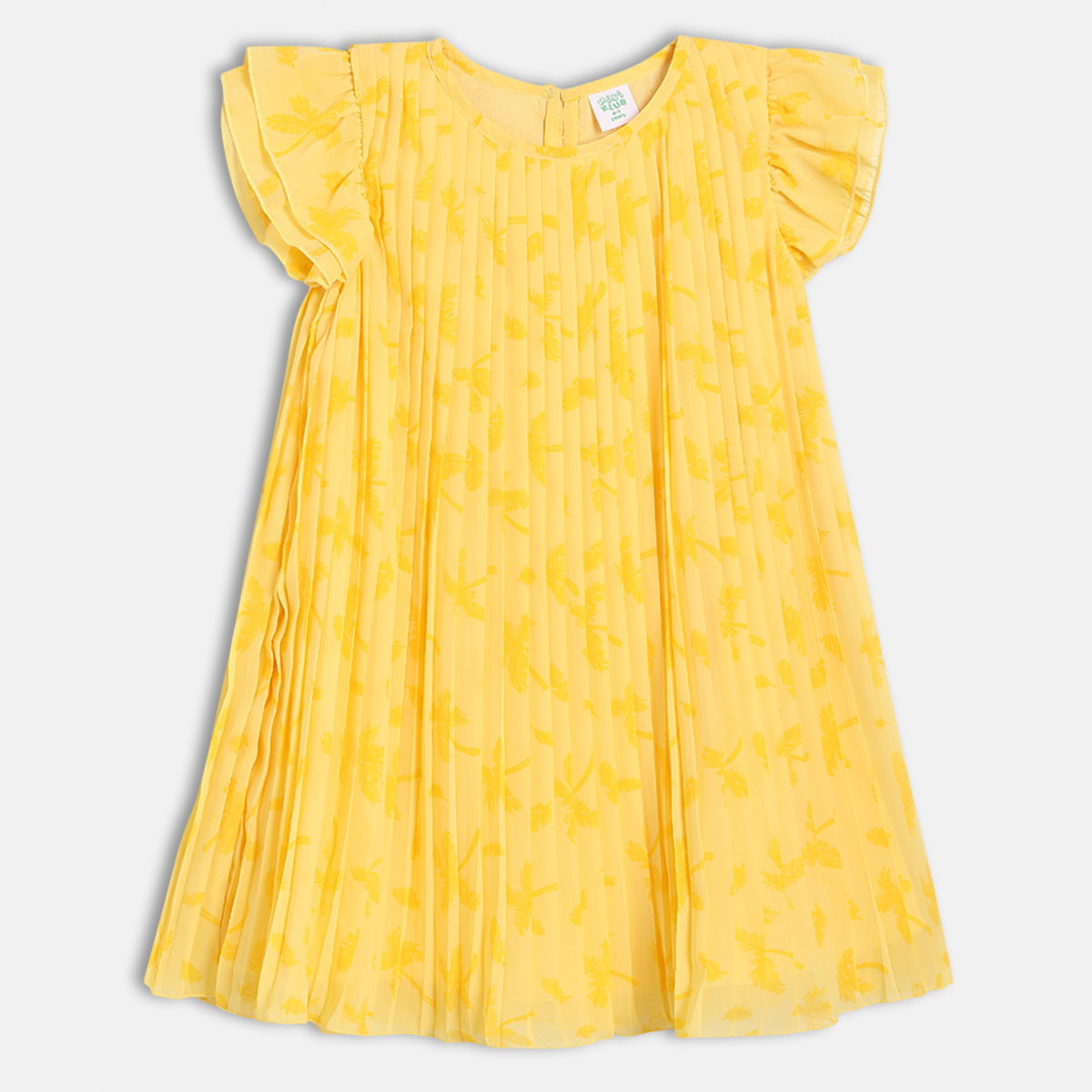 Baby Girls Leaf Print Pleated Dress, Yellow