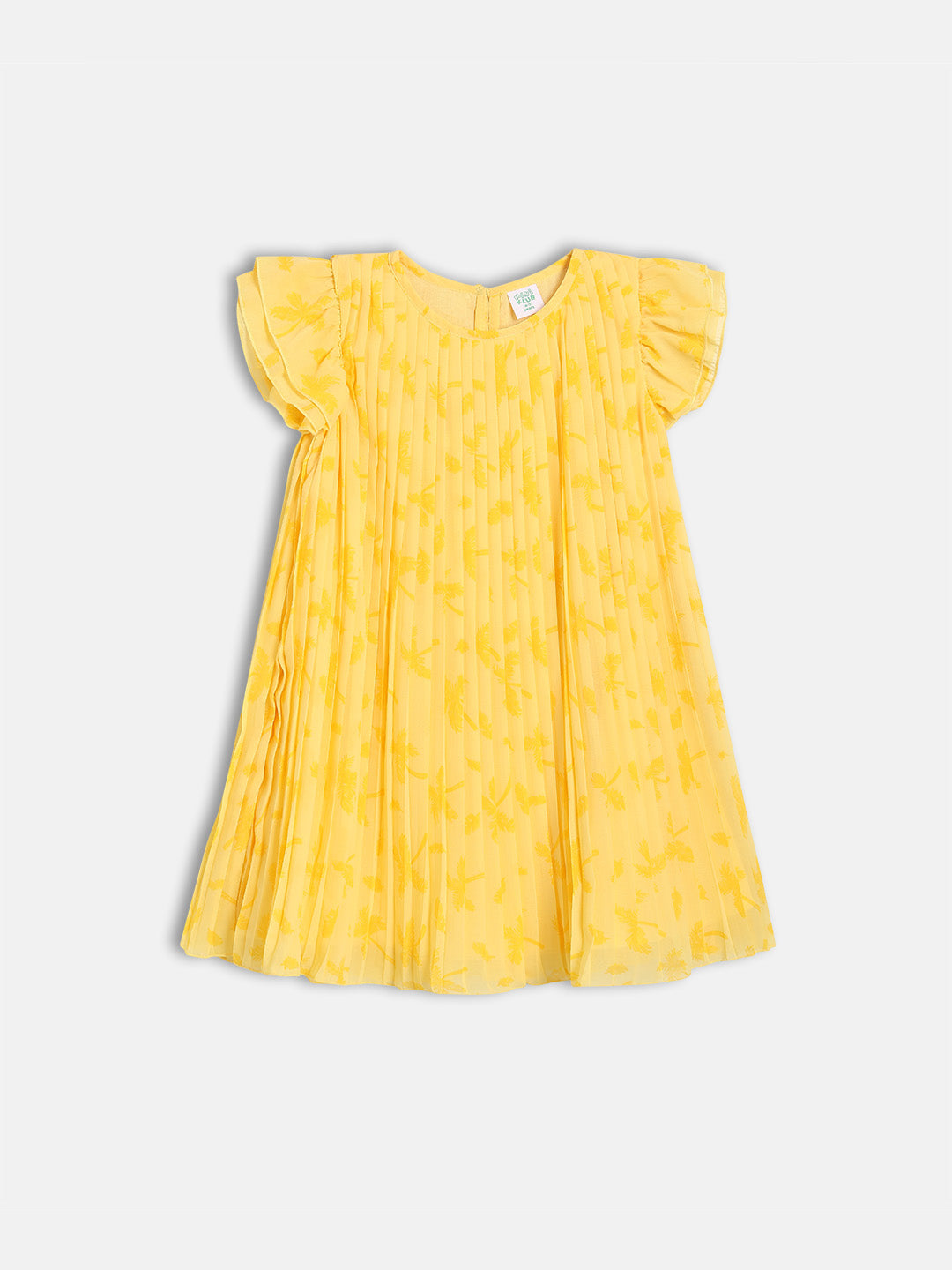 Baby Girls Leaf Print Pleated Dress, Yellow