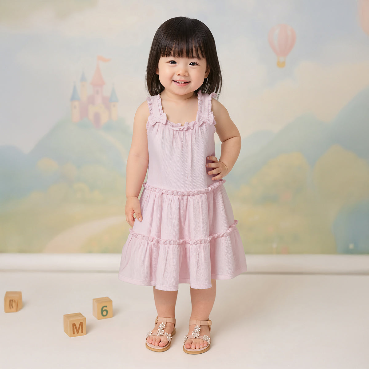 Baby Girls Solid Tiered Dress with Ruffle Straps, Pink