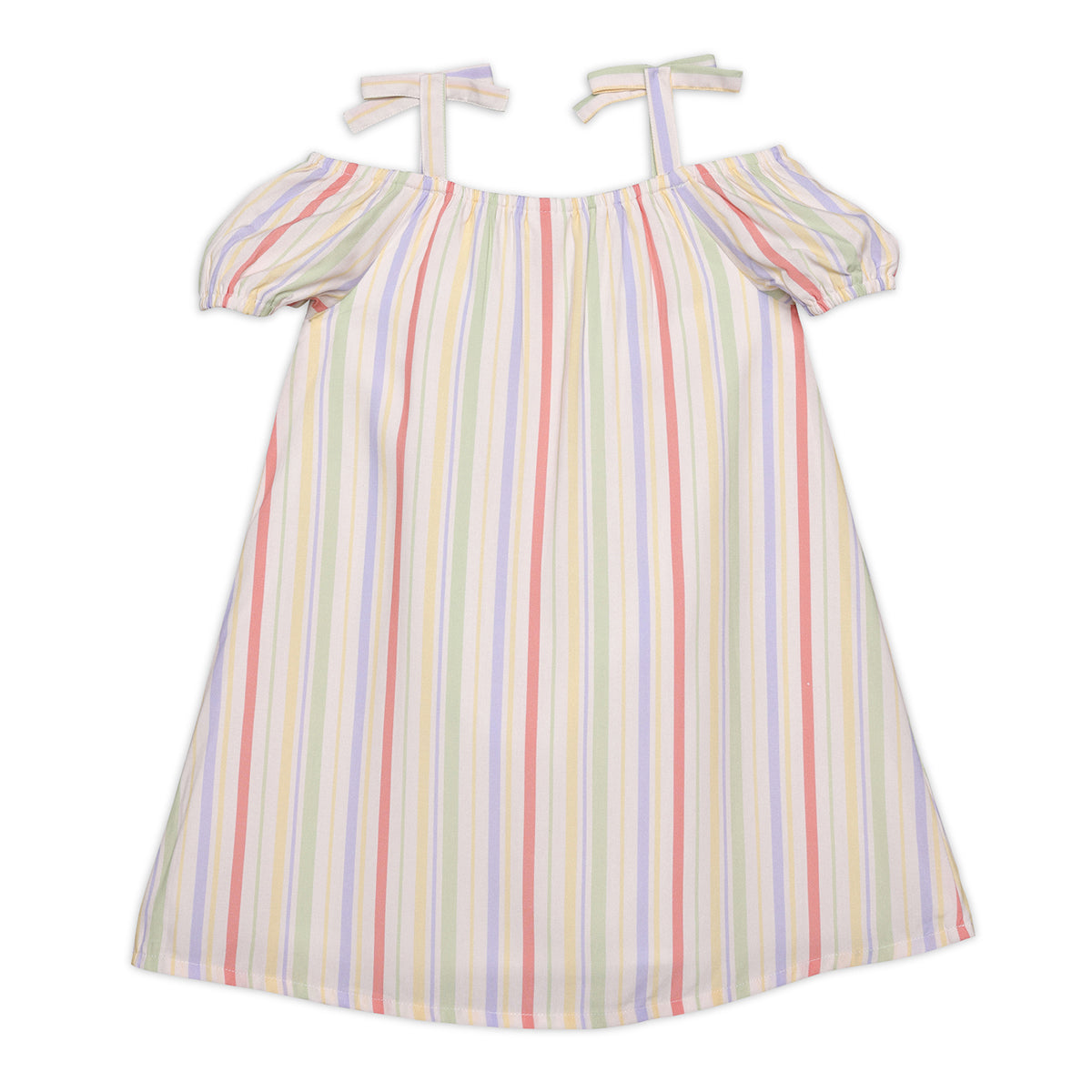 Baby Girls Striped Off Shoulder Dress, Multi Colour