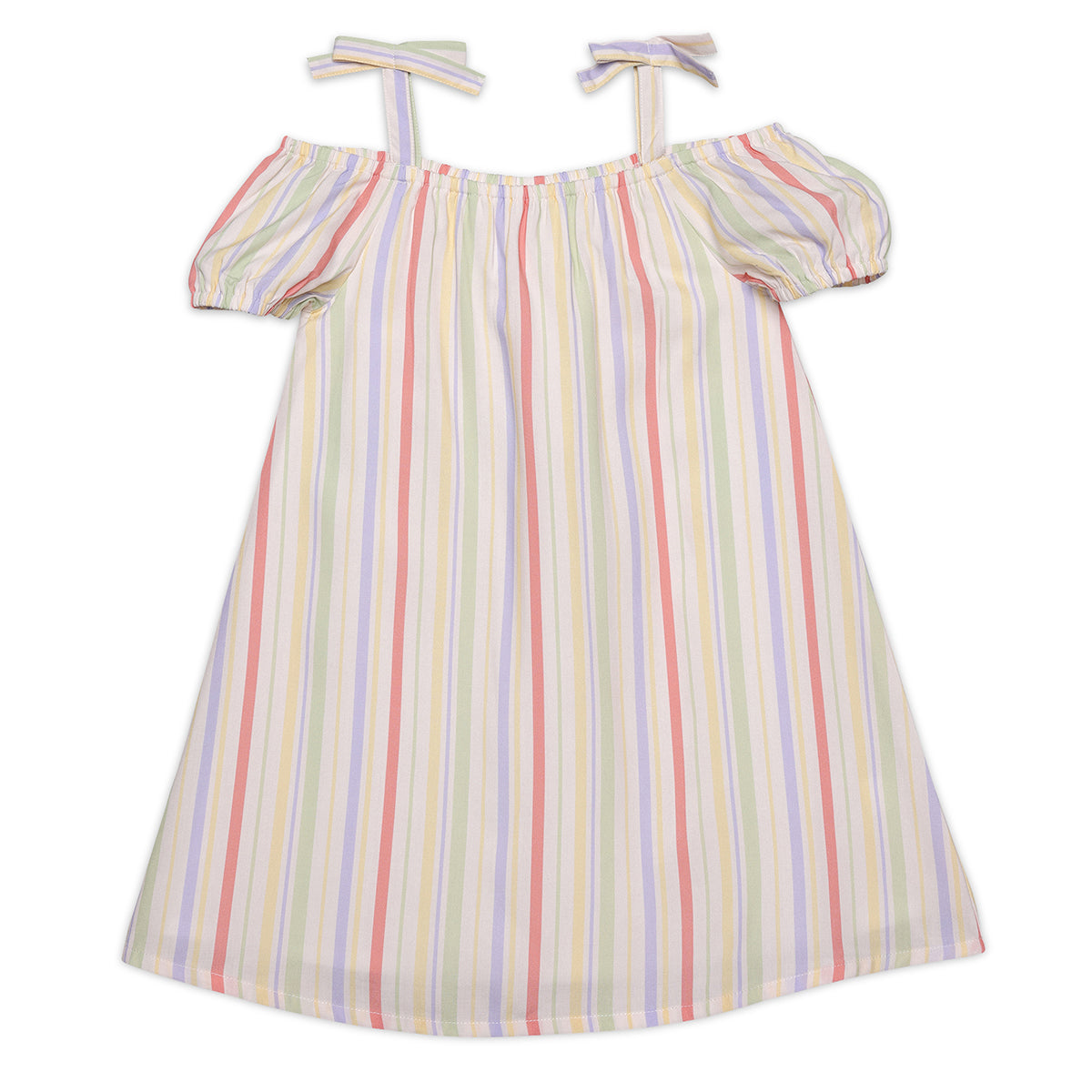 Baby Girls Striped Off Shoulder Dress, Multi Colour