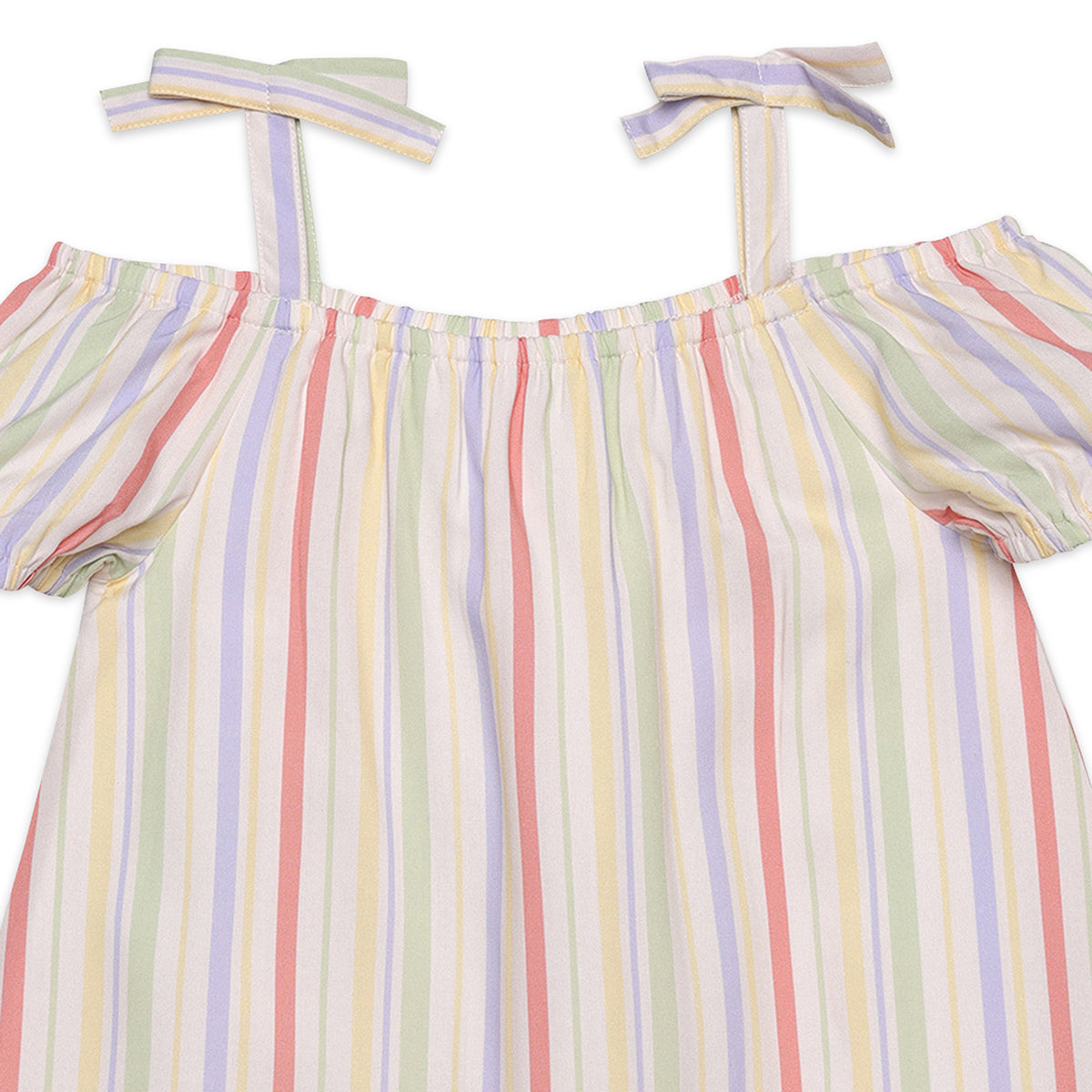 Baby Girls Striped Off Shoulder Dress, Multi Colour